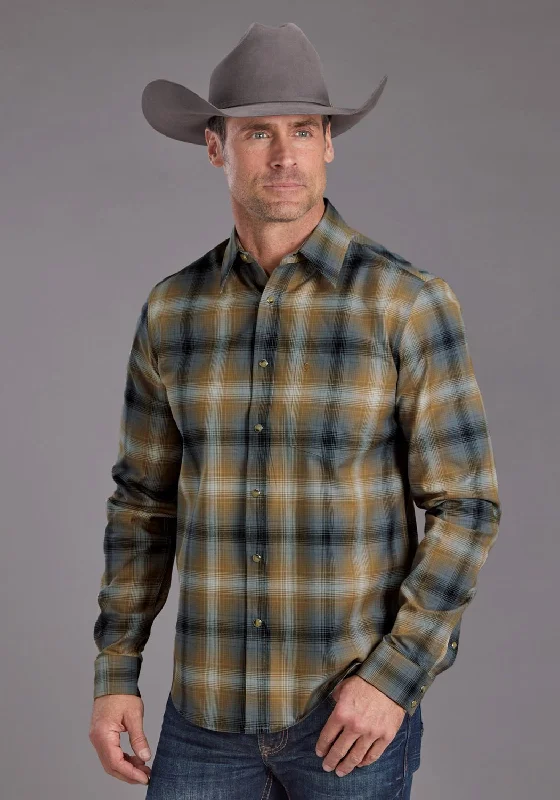 Men’s durable poplin shirt-Stetson Mens Twill Ombre Plaid Khaki/Black 100% Cotton L/S Shirt