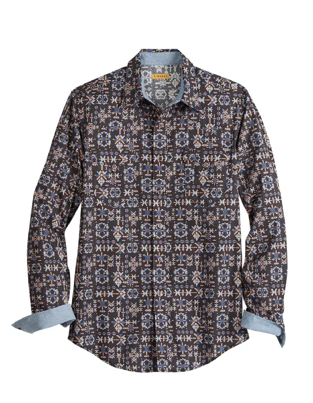 Men’s slim-fit chambray shirt-Tin Haul Mens Aztecs Print Black 100% Cotton L/S Shirt